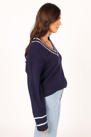 Leanna Vneck Knit Sweater – Navy