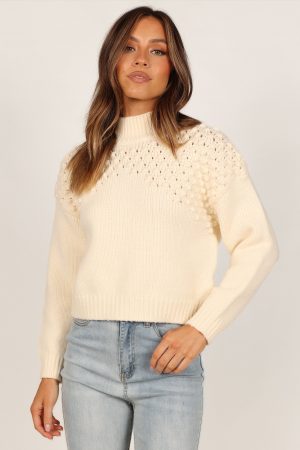 Mia Textured Shoulder Knit Sweater – Cream
