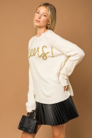 Poppy Cursive Cheer Knit Sweater – White