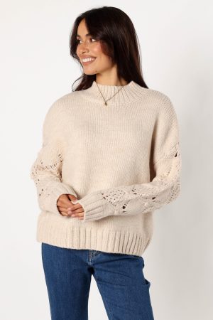 Rebekah Crochet Sleeve Knit Sweater – Cream