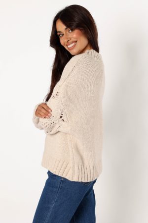 Rebekah Crochet Sleeve Knit Sweater – Cream