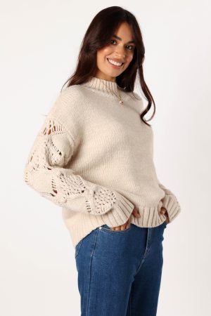 Rebekah Crochet Sleeve Knit Sweater – Cream
