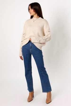 Rebekah Crochet Sleeve Knit Sweater – Cream