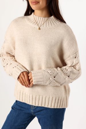 Rebekah Crochet Sleeve Knit Sweater – Cream