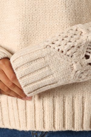 Rebekah Crochet Sleeve Knit Sweater – Cream