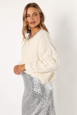 Ryleigh Jewel Embellished Crewneck Knit Sweater – Cream