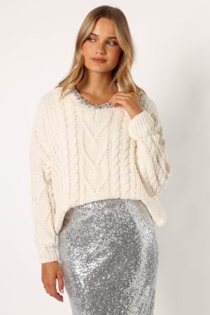 Ryleigh Jewel Embellished Crewneck Knit Sweater – Cream