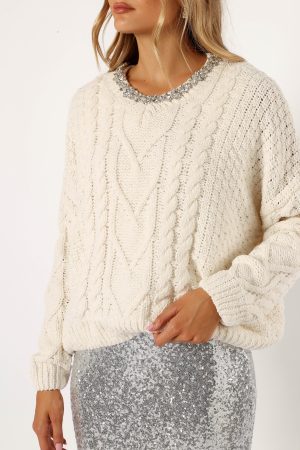 Ryleigh Jewel Embellished Crewneck Knit Sweater – Cream