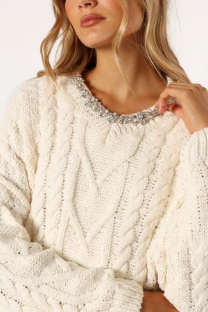 Ryleigh Jewel Embellished Crewneck Knit Sweater – Cream