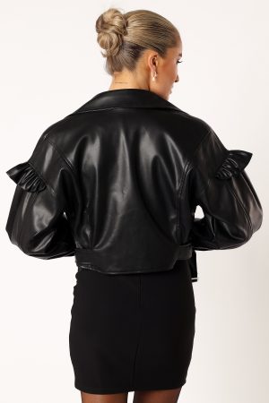 Hanna Ruffle Sleeve Faux Leather Jacket – Black