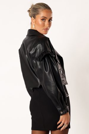 Hanna Ruffle Sleeve Faux Leather Jacket – Black
