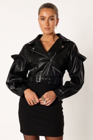 Hanna Ruffle Sleeve Faux Leather Jacket – Black