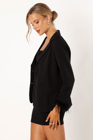 Rosemary Faux Feather Sleeve Blazer – Black