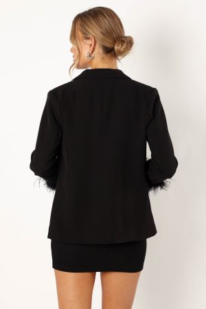 Rosemary Faux Feather Sleeve Blazer – Black
