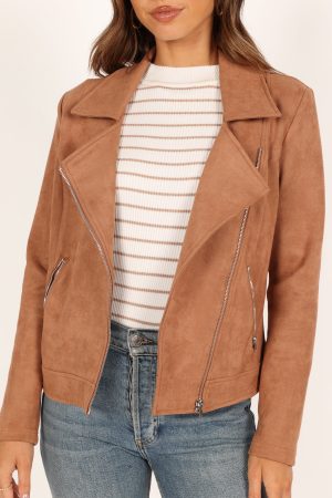 Spencer Faux Suede Moto Jacket – Tan