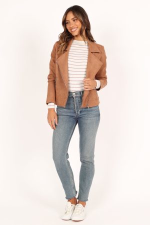 Spencer Faux Suede Moto Jacket – Tan