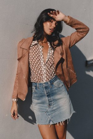 Spencer Faux Suede Moto Jacket – Tan