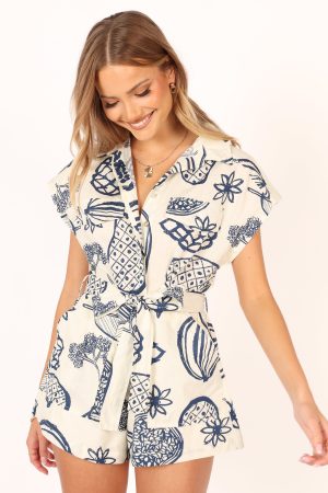 Georgina Tie Waist Romper – Navy