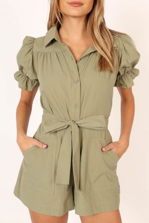 Riley Waist Tie Romper – Olive