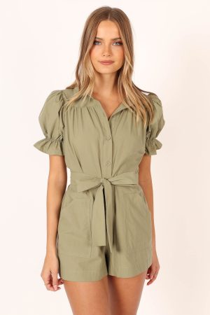 Riley Waist Tie Romper – Olive