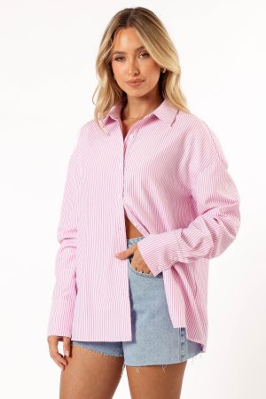 Murphy Button Up Long Sleeve Top – Pink Stripe