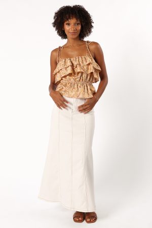 Skyla Ruffle Top – Taupe Multi